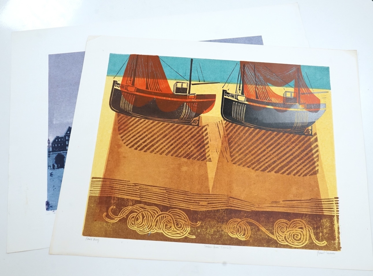 Robert Tavener (1920-2004), two linocuts comprising ‘Sussex boats 3’, artist proof, signed in pencil, signed, unframed, and ‘Kings College Cambridge’, unsigned, largest 56 x 76cm